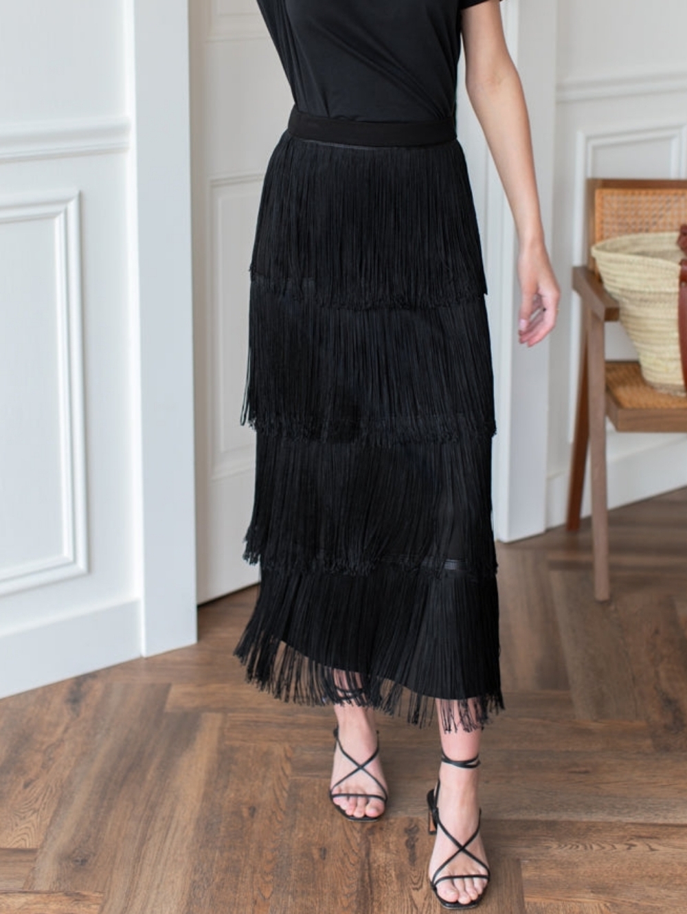 Emerson Fry Black Fringe Midi Skirt